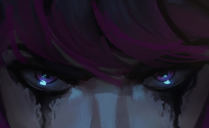 Close-up of Jinx with purple eyes from Arcane