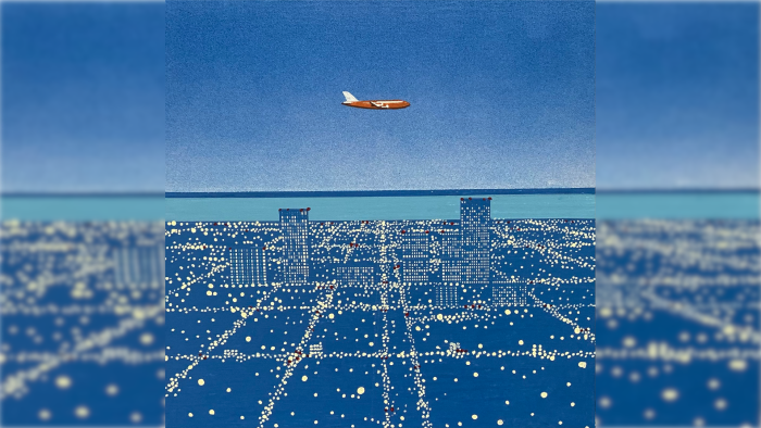 Hiroshi Nagai Painting of Airplane Flying Over City