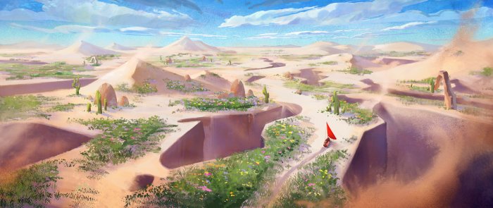 Desert Landscape with Wildflowers and a Red Sail Landboat
