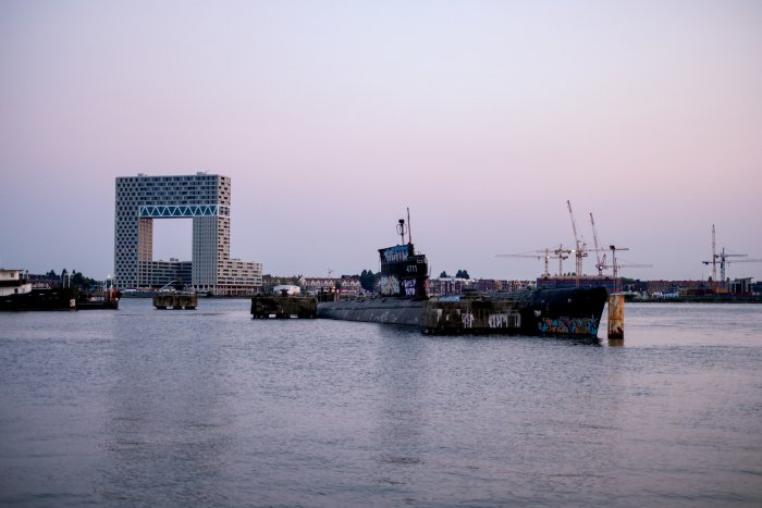 Decommissioned submarine near Pontsteiger building in Amsterdam