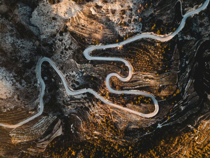 Aerial view of a winding mountain road