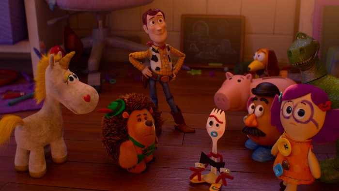 Woody introducing Forky to other toys in Toy Story 4