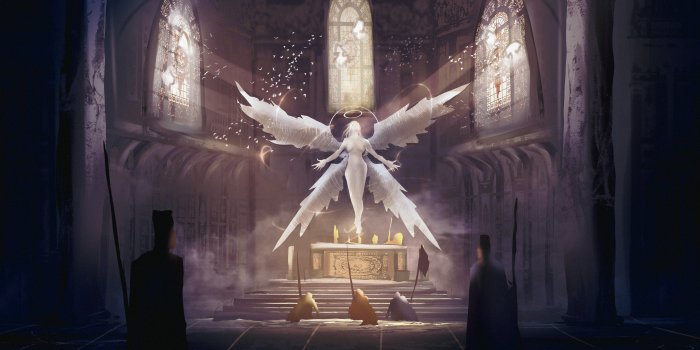 Glowing Four-Winged Angel Descending in a Cathedral