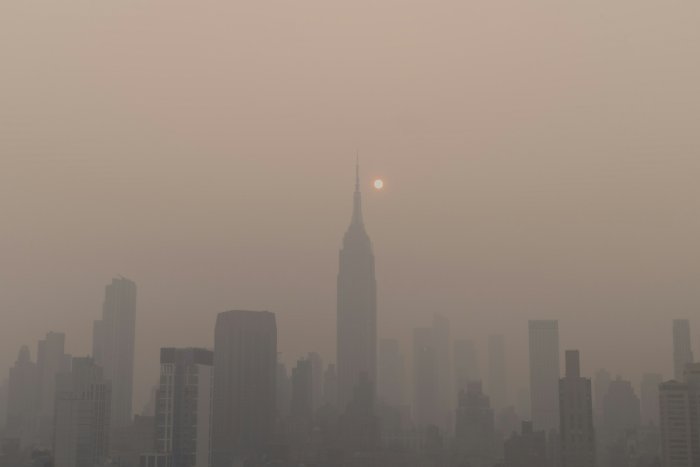 Foggy New York City skyline with Empire State Building