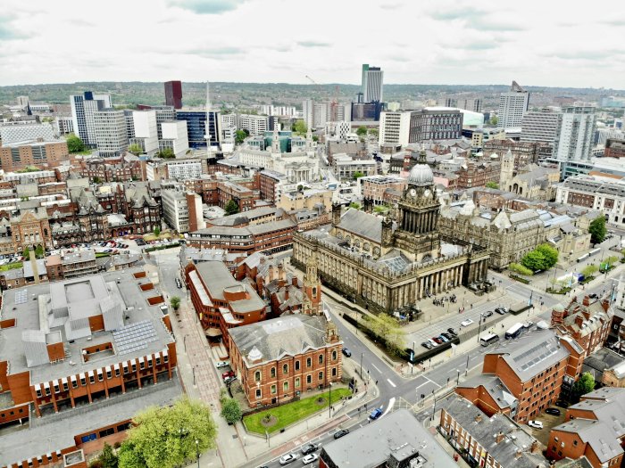 Aerial View of Leeds Town Hall and City Center