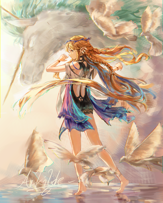 Anime Elf Girl with Unicorn and Doves