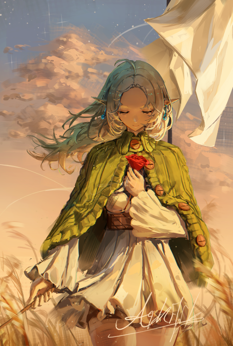 Frieren from Frieren: Beyond Journey's End holding a rose