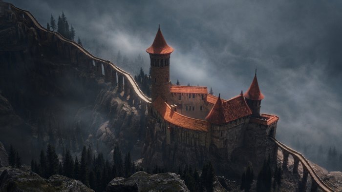 Medieval fantasy castle on a misty mountain cliff