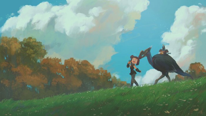 Girl Walking with a Fantasy Bird Creature