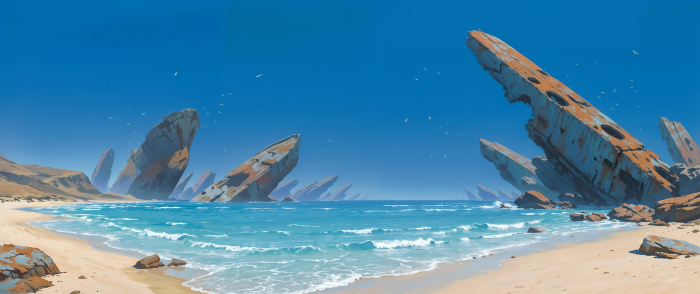 Rusted Sci-Fi Shipwreck Debris on a Sandy Beach