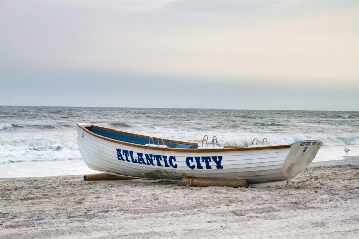 White Atlantic City lifeboat on a sandy beach