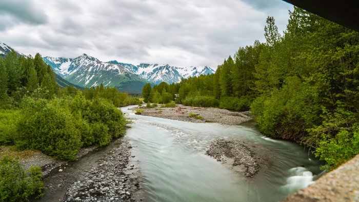 Glacial river flowing through a forested valley in Alaska