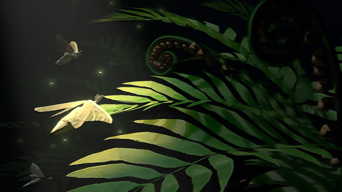 Stylized moths and green fern fronds at night