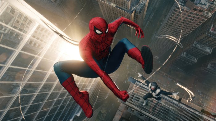 Spider-Man swinging through skyscrapers in Spider-Man: Brand New Day
