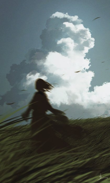 Silhouette of a Girl in a Windy Grassy Field