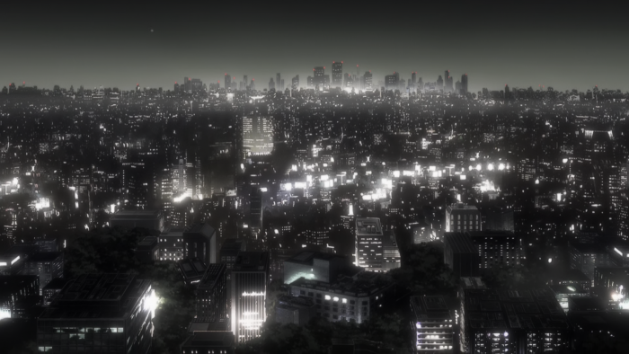 Monochrome anime city skyline at night