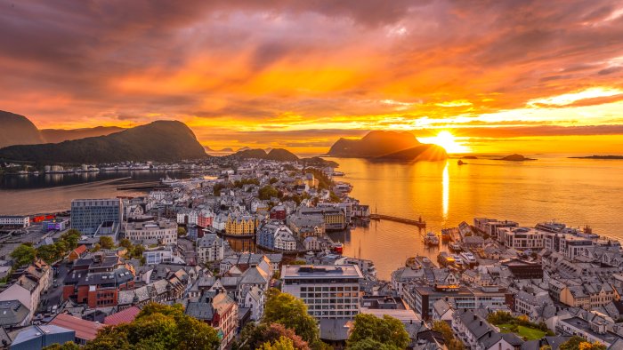Sunset over the coastal city of Ålesund, Norway