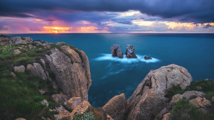 Rocky Cliffs and Sea Stacks at Sunset