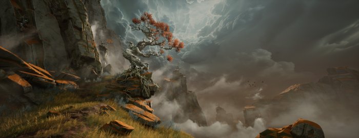 Gnarled Tree on a Misty Mountain Cliff
