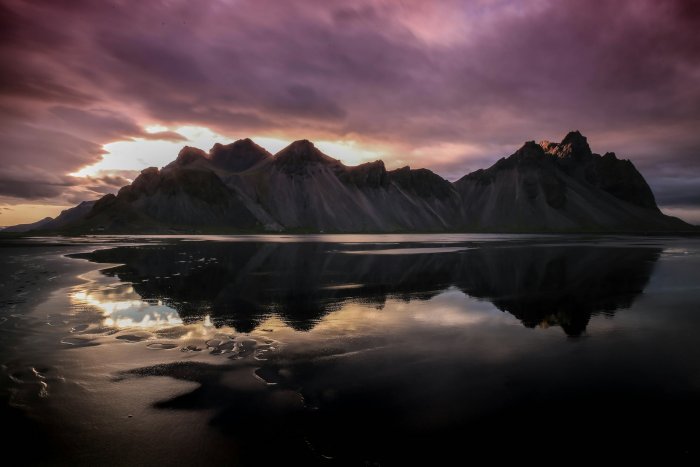 Vestrahorn Mountain Reflection on Black Sand Beach in Iceland