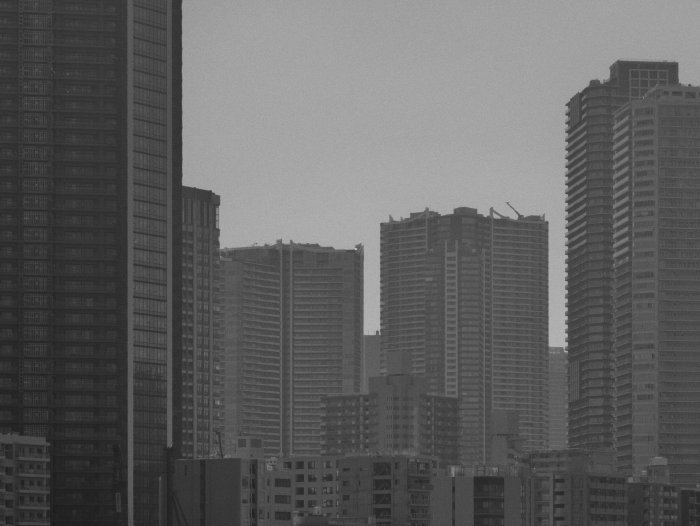 Black and white view of dense city skyscrapers