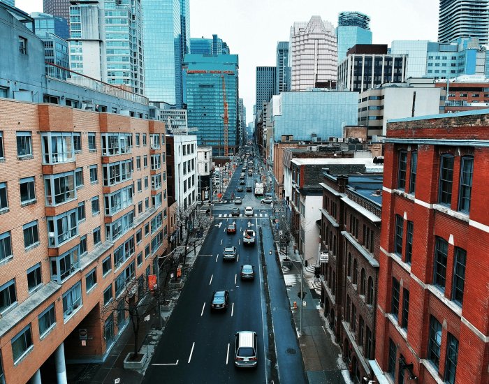 Elevated View of a City Street with Skyscrapers