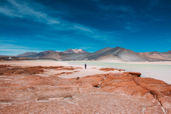 Lone person walking in Atacama Desert landscape