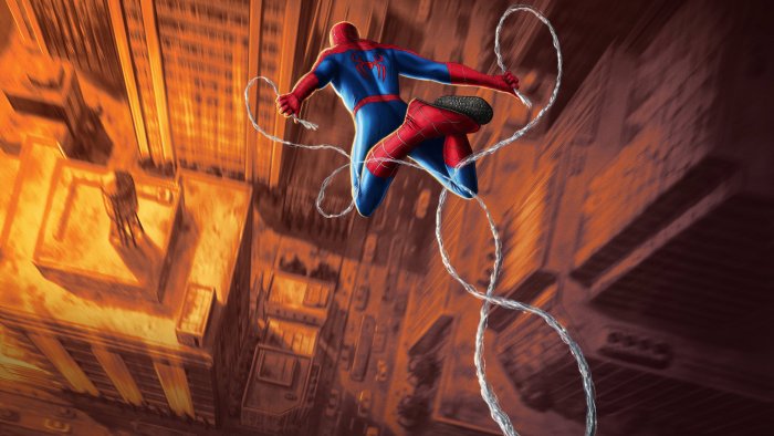 Spider-Man swinging between skyscrapers in Spider-Man: Brand New Day