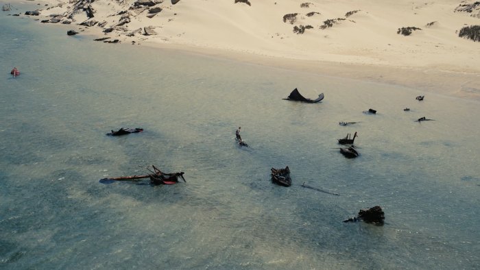 Odysseus among shipwreck debris in The Odyssey