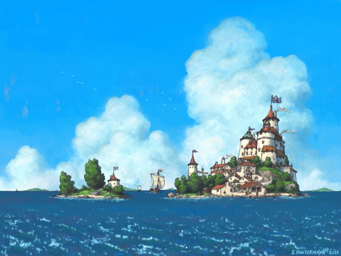 Fantasy Island Castle and Sailboat Painting