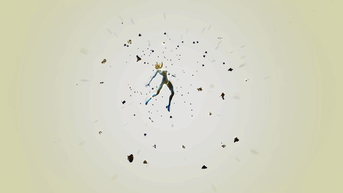 Zero Suit Samus from Metroid floating amidst debris