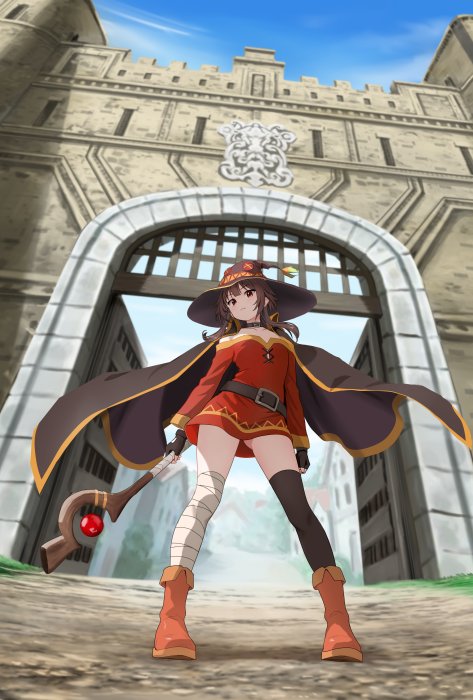 Megumin from KonoSuba Standing in Front of Town Gate