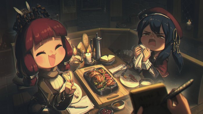 Chibi Anime Girls Having Dinner in a Tavern