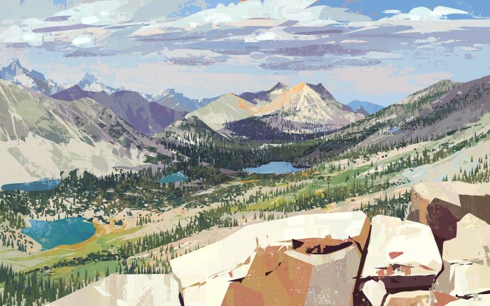 Stylized Mountain Valley and Alpine Lakes Painting