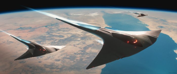 Futuristic manta ray spacecraft flying above Earth