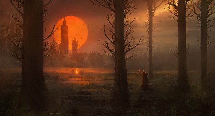 Dark fantasy landscape with castle and giant red sun