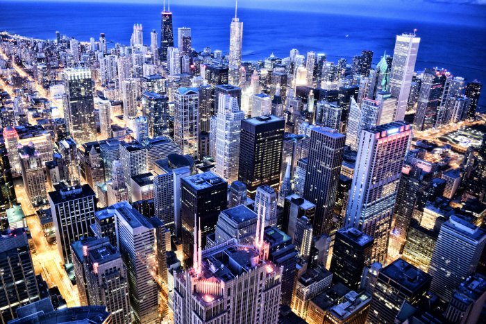 Aerial View of Chicago Skyline at Night