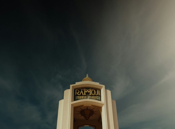 Ramoji Movie Magic Entrance Arch under Cloudy Sky