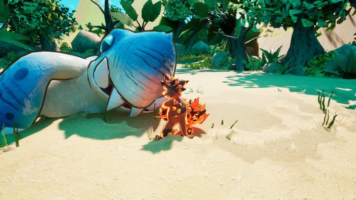 Fiery creature and giant blue monster in Wilds Monster