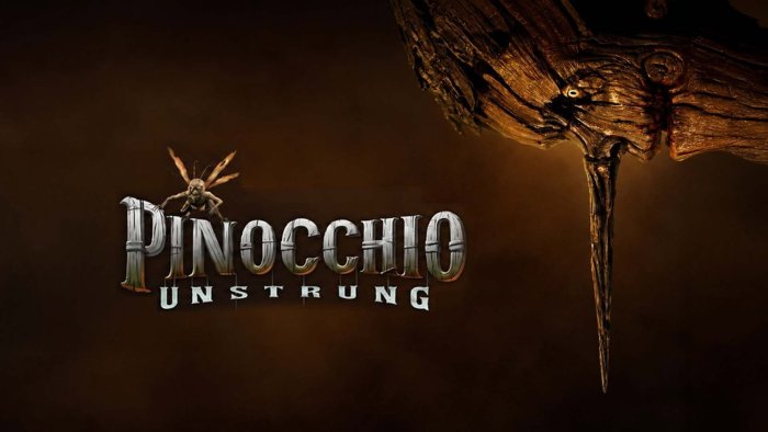 Pinocchio: Unstrung movie title card with wooden puppet face