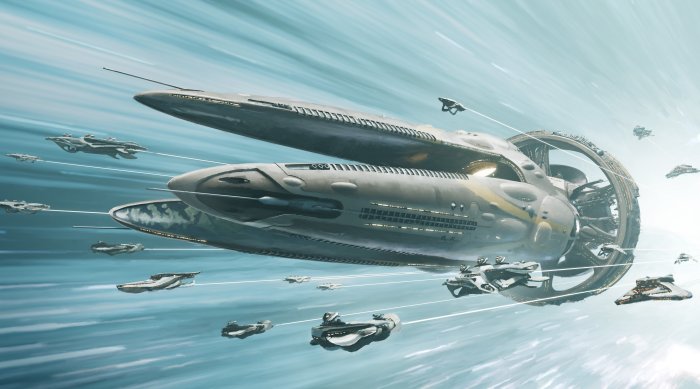Futuristic Spaceship Fleet Traveling Through Hyperspace