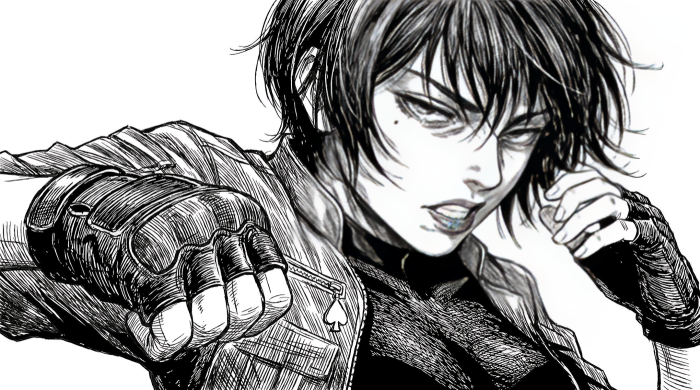 Black and White Anime Style Illustration of a Female Fighter