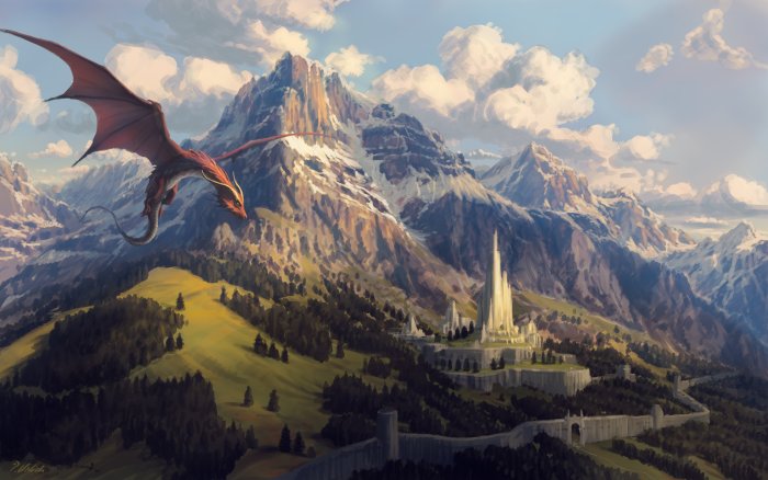 Red dragon flying over a mountain fantasy city