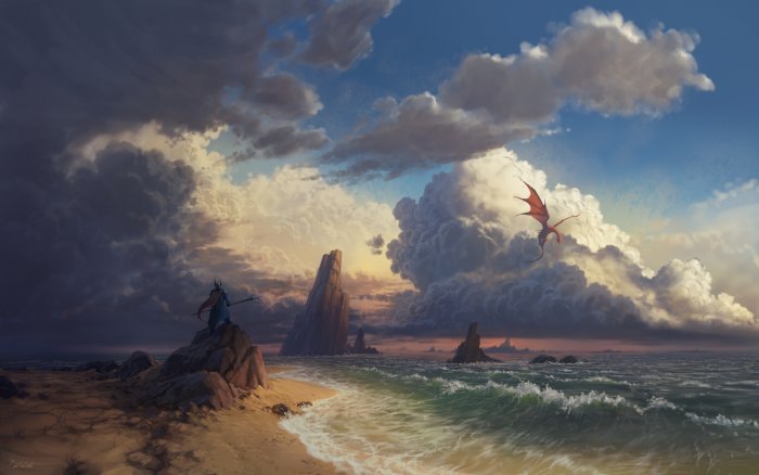 Fantasy warrior on beach watching a flying red dragon