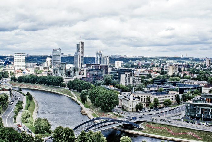 Aerial view of Vilnius city skyline and Neris River