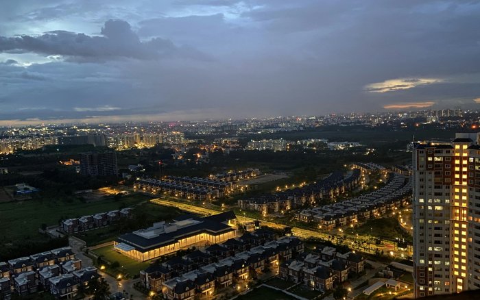 Aerial View of Prestige Lakeside Habitat Villas at Dusk