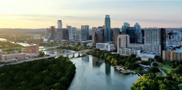 Aerial View of Austin Texas Skyline and River