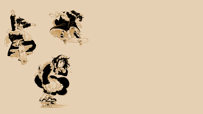 Skateboarding Maid Performing Tricks on a Beige Background