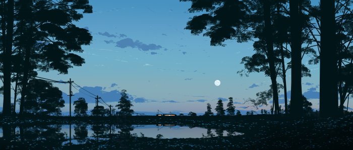 Night landscape with a train and full moon reflection