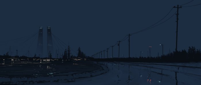Dark night landscape with wet road and distant towers